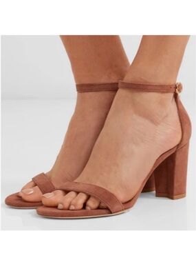 Like New Stuart Weitzman Nearly Nude Sandal in Camel Suede Leather sz 9.5 / 40